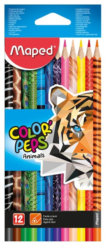 832212 Карандаши цветные Maped "Color Peps Animals", 12цв, трехгран, заточен, картон, европодвес