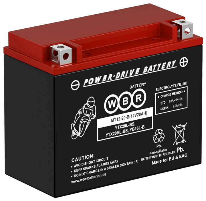 Мото Аккумулятор WBR MT12-20-B (код YTX20L-BS,TX20HL-BS,YB16L-B,YB18L-A) (12V 20Ah 270A)