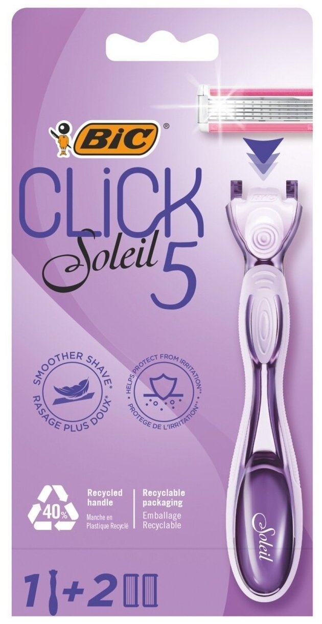 Женская бритва 3 лезвия BIC Click 5 Soleil с плавающей головкой бритвенный станок для женщин + 2 сменные кассеты с Алоэ Вера и витамином Е