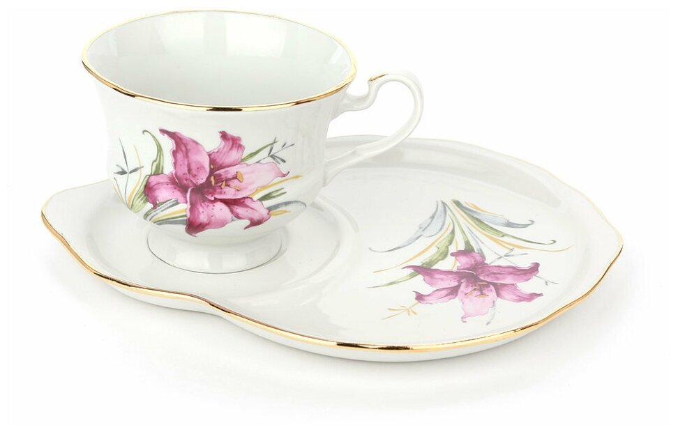 фото Чайная пара. Дулевский фарфоровый завод. Форма "Весенний", рисунок "Лилия". Твердый фарфор. 220 мл.