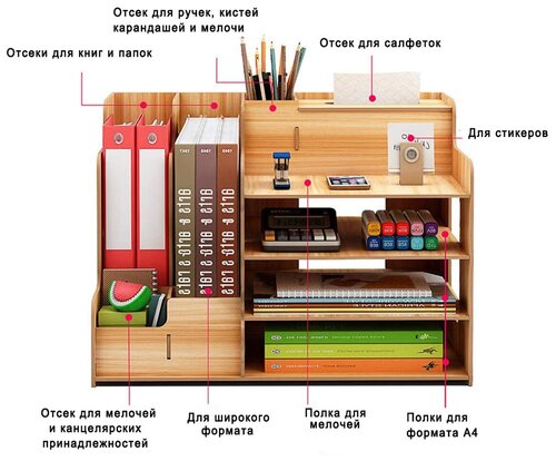 Органайзер деревянный большой настольный для канцелярских принадлежностей 39x29x28 см.