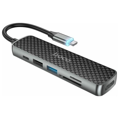 Многофункциональный Type-C хаб Hoco HB24 Easy display HDMI + USB3.0 + USB2.0 + SD + TF + PD, черный с серым