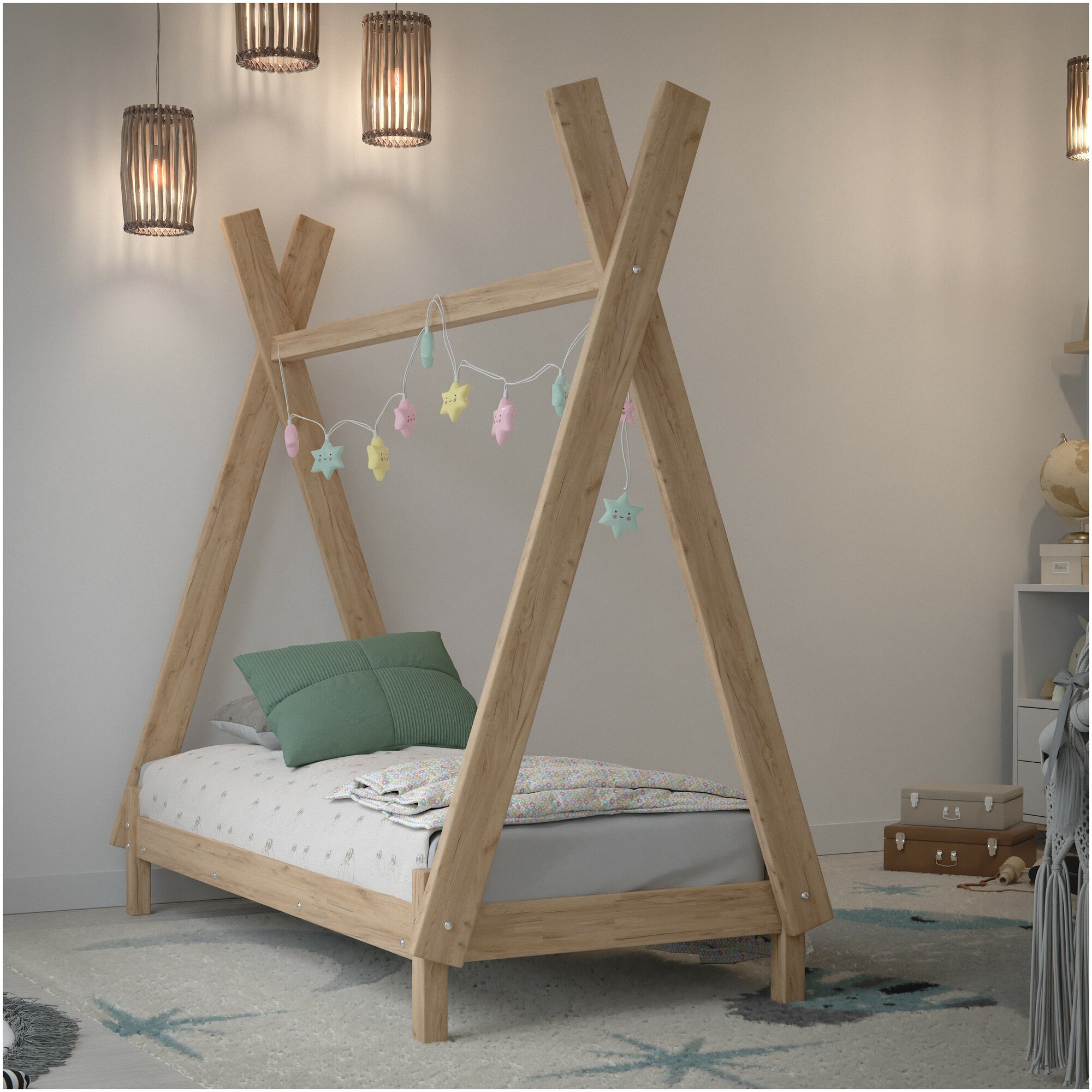Детская кровать 190x70/ Кровать односпальная деревянная «ВигВам» GREEN-LITE / Односпальная подростковая кровать одноярусная