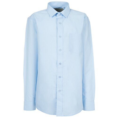 фото Школьная рубашка tsarevich, прилегающий силуэт, на пуговицах, длинный рукав, карманы, манжеты, однотонная, размер 122-128, голубой