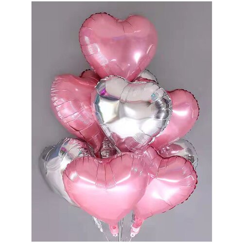 Фонтан из воздушных шаров с гелием Сердце розовые/серебро, 10 шт