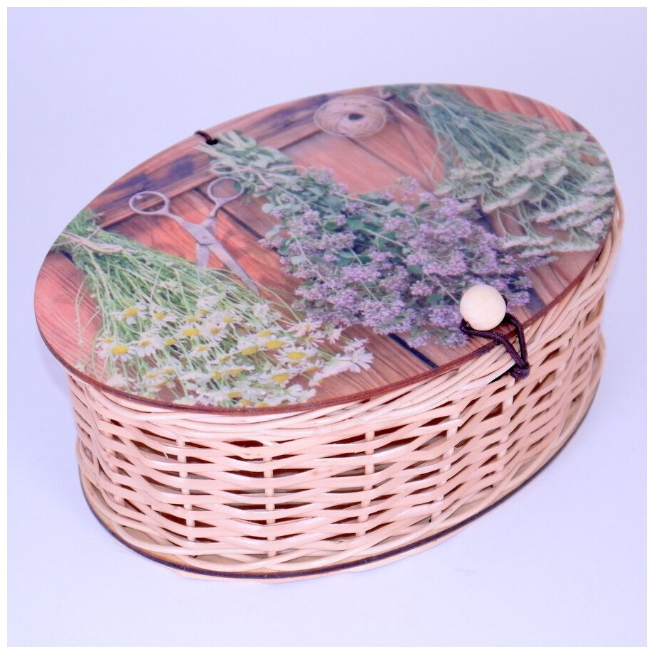 Шкатулка (корзина) овальная плетеная с принтом на крышке №1/2 - травы ручное плетение из лозы