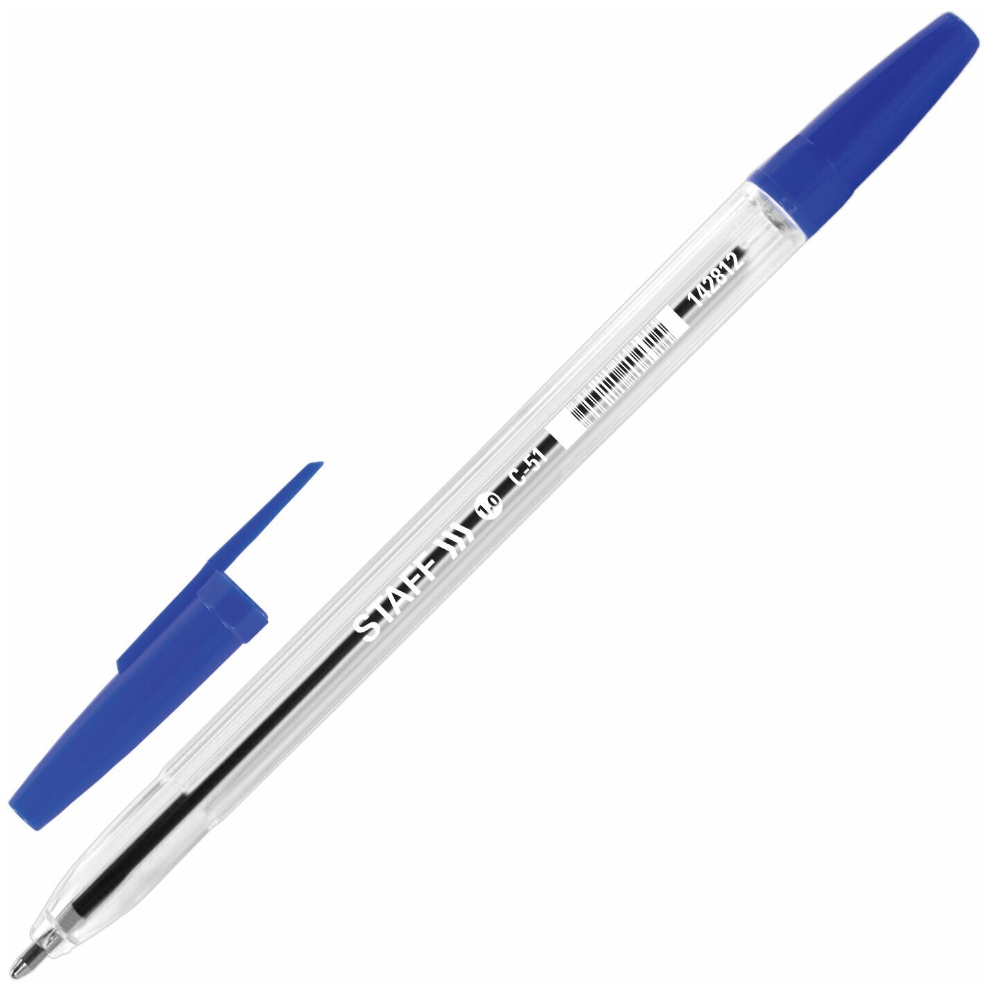 Ручка шариковая STAFF "C-51", синяя, корпус прозрачный, узел 1 мм, линия письма 0,7 мм, 142812 - 100 шт.