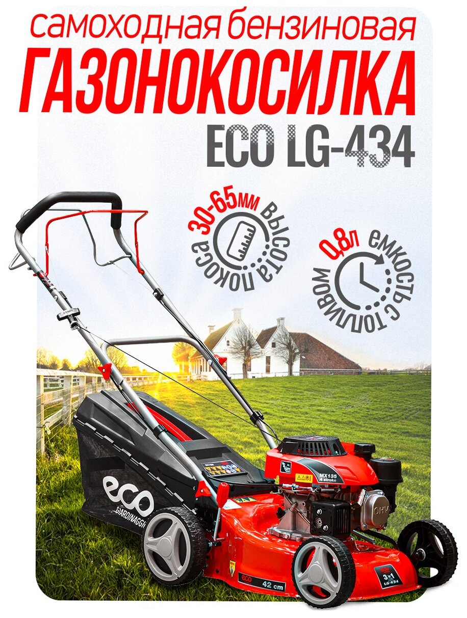 Газонокосилка бензиновая ECO LG-434 самоходная (3.5 л.с., шир. 42 см, самоходная, мульчир., стальн. корпус, травосборник 45 л) - фотография № 1