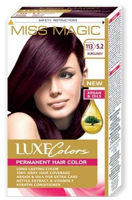 Miss Magic Luxe Colors Стойкая краска для волос  c экстрактом крапивы, витамином F и кератином, 113 (5.2) бургунд, 108 мл