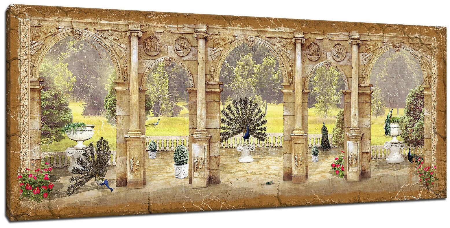 Картина Уютная стена "Терраса с арками и павлинами" 160х60 см