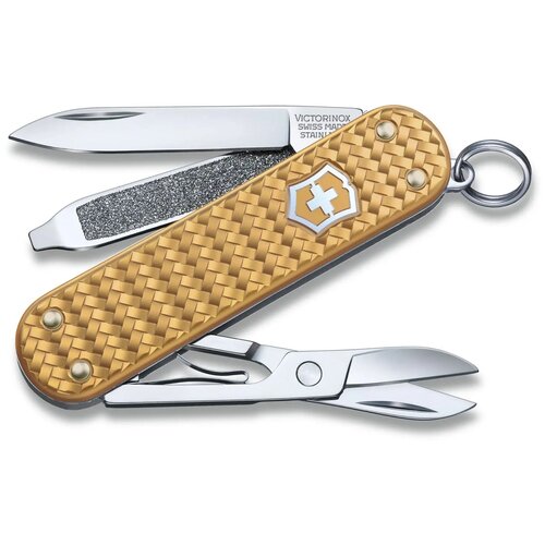 Нож многофункциональный VICTORINOX Classic Precious Alox brass gold швейцарский нож брелок victorinox classic sd precious alox iconic red длина лезвия 4 см 5 функций 0 6221 401g