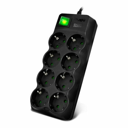 SVEN Фильтр SF-08E-16 3,0 м (8 розеток с защитными шторками,16А) черный, цветная коробка (SV-021610)