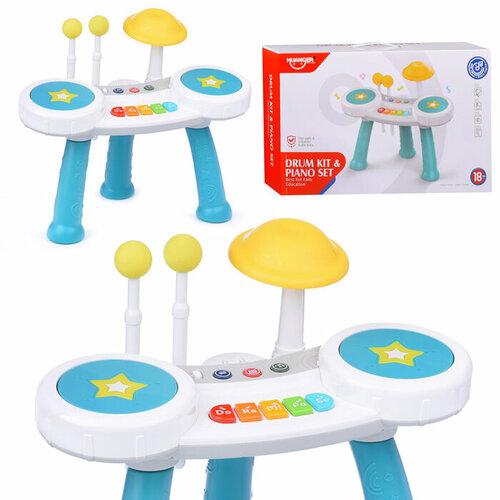 фото Барабан детский игрушечный с тарелкой и пианино / музыкальная игрушка для малышей huanger he0525 "джазовый" бирюзовый, в коробке