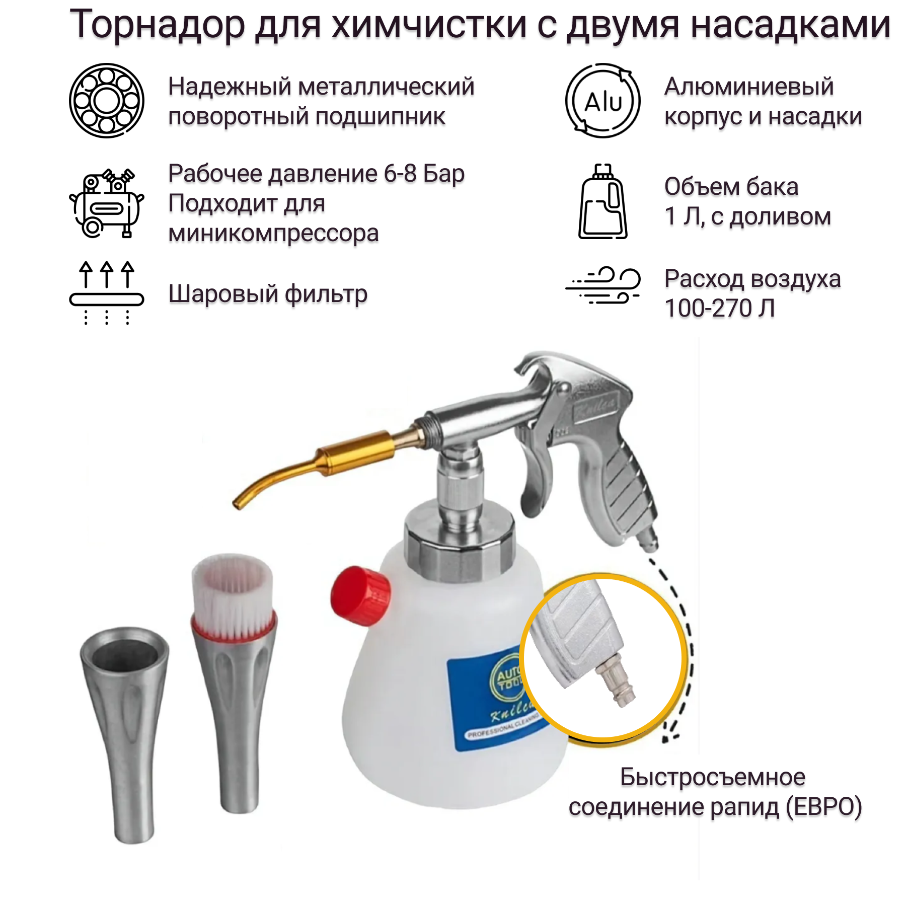 Аппарат для химчистки салона автомобиля Торнадор с металлическим подшипником  Чистящий пистолет Tornador