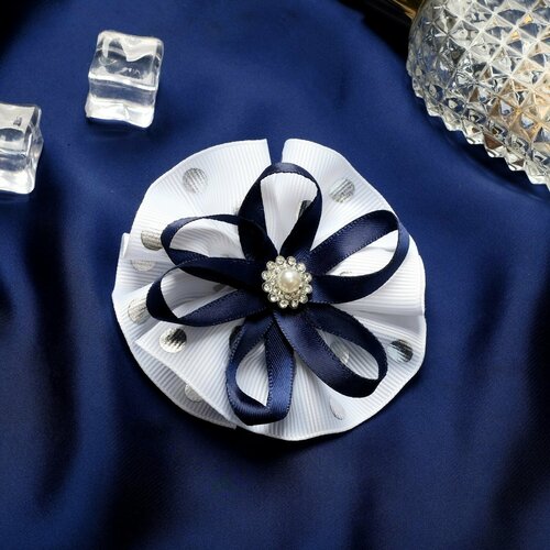 Резинка для волос бант Школьница горошек и ленточка d-7 см сине-белый 6шт 660₽