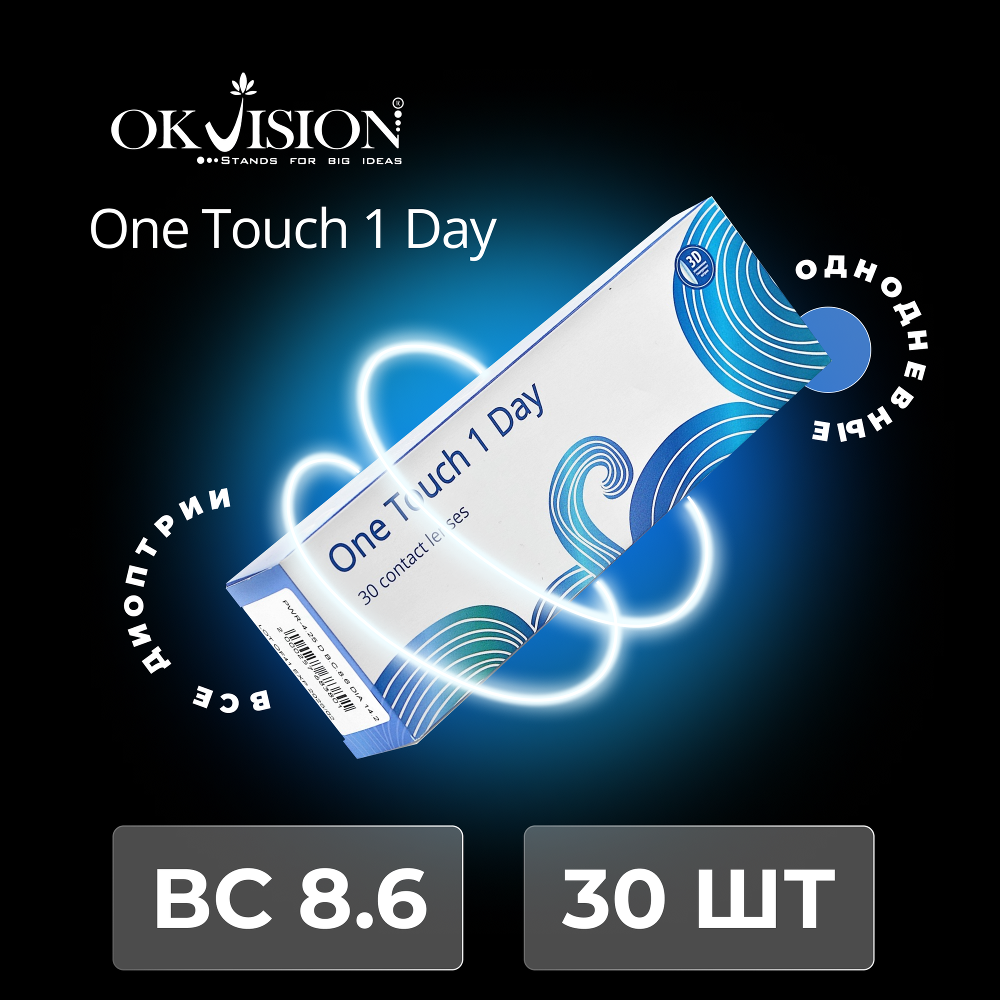 Контактные линзы OKVision One Touch 1 Day Однодневные, -2.50 8.6, 30 шт.
