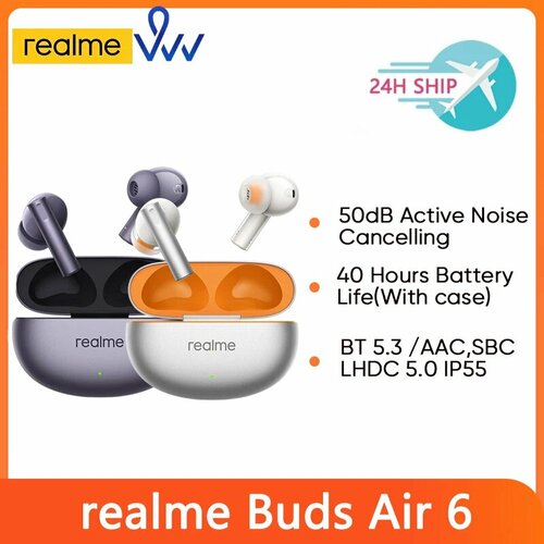 Беспроводные наушники realme buds Air 6 TWS Hi-Res LHDC 50 с активным шумоподавлением Bluetooth 53 IP55 5555₽