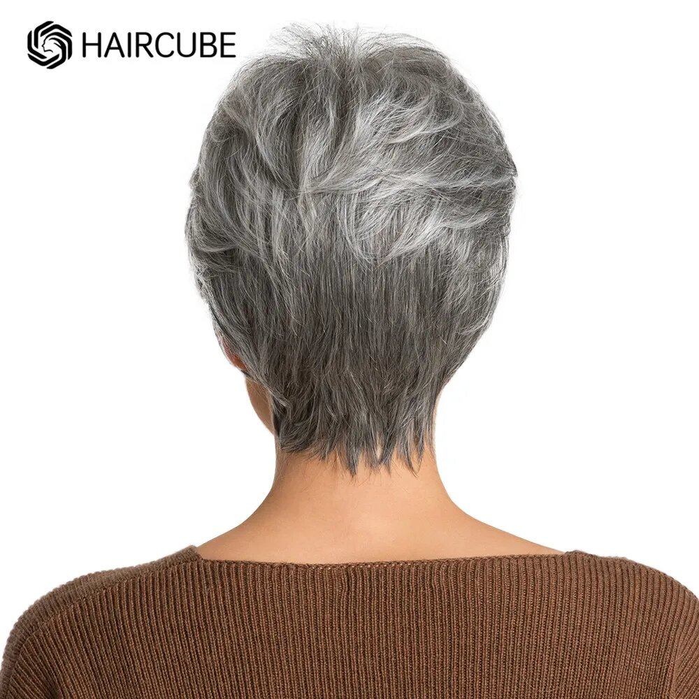Парик HAIRCUBE с короткими седыми волосами и челкой, парики-фея с серебряной золой для женщин, синтетические парики, смешанные с человеческими волосами, при высокой температуре, WM3025-1, Ни Кружева, 30% Человеческие волосы — фото 1