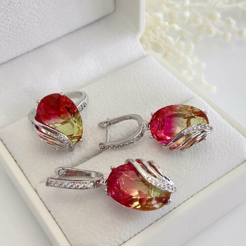 Комплект бижутерии QSY: кольцо, серьги, фианит, размер кольца 17.5, мультиколор, розовый