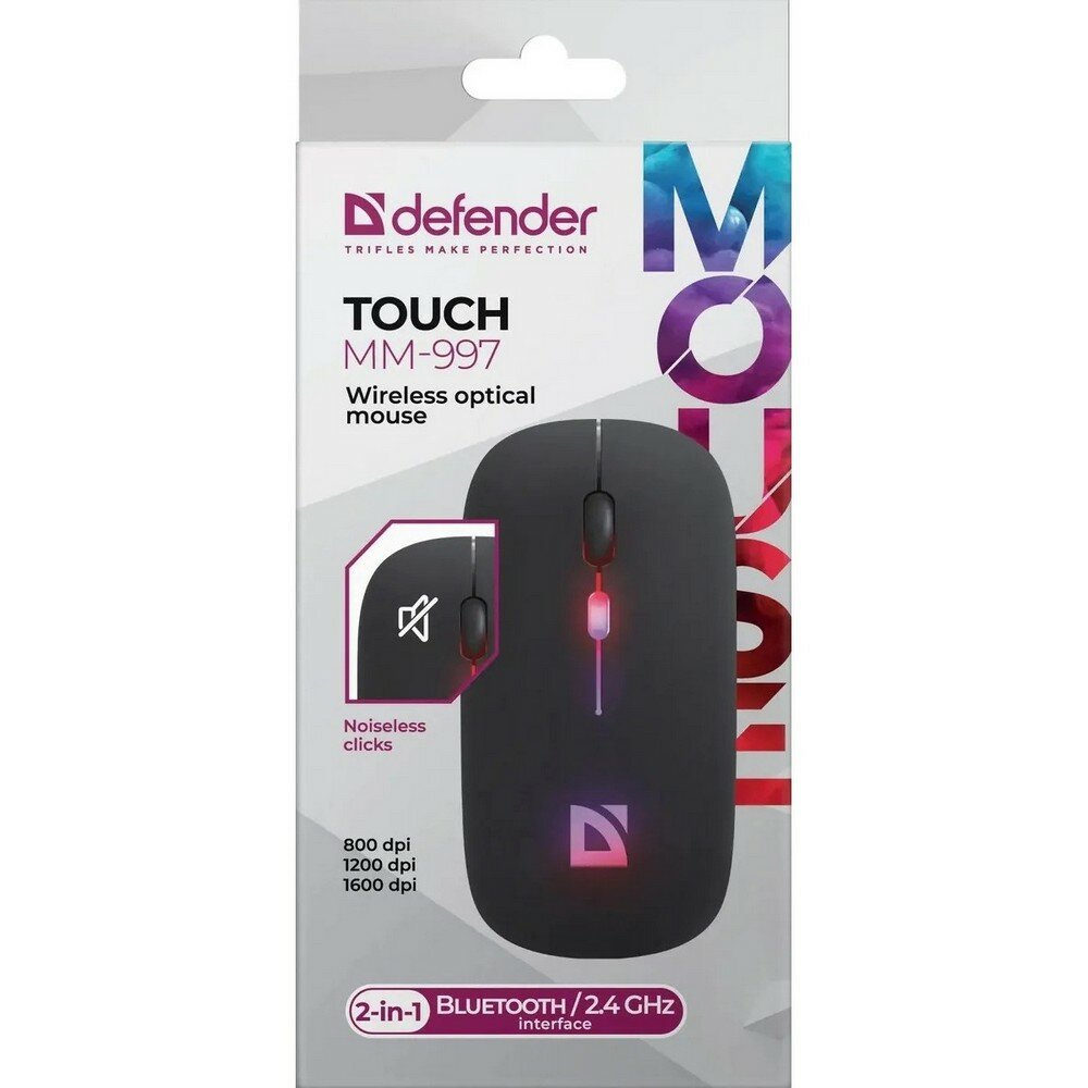 Беспроводная мышь Defender Touch MM-997 black (USB/Bluetooth, 3 кнопки, оптическая, 1600dpi) (52997) — фото 1