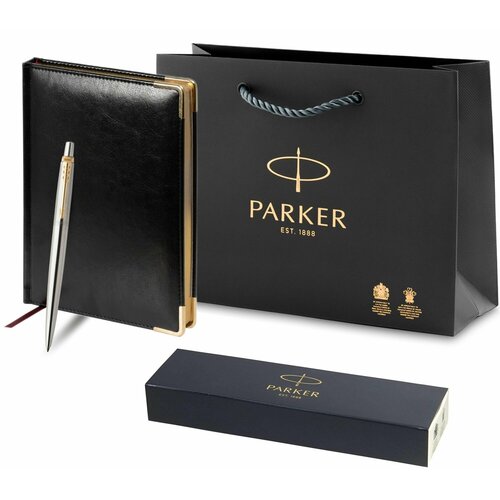 Набор подарочный шариковая ручка Parker Jotter Core Stainless Steel стальная с золотой отделкой ежедневник черный с золотыми металлическими уголками 2590₽