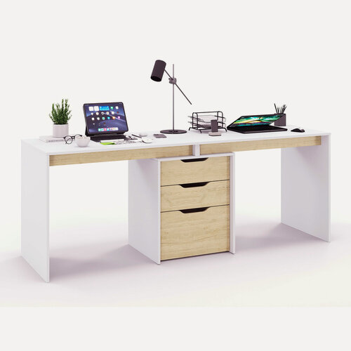 Изображение товара Письменный стол для двоих, двойной, с тумбой, с ящиками Есэндвич Grand Лаворо 180х60х75 см (Белый/Пикард)