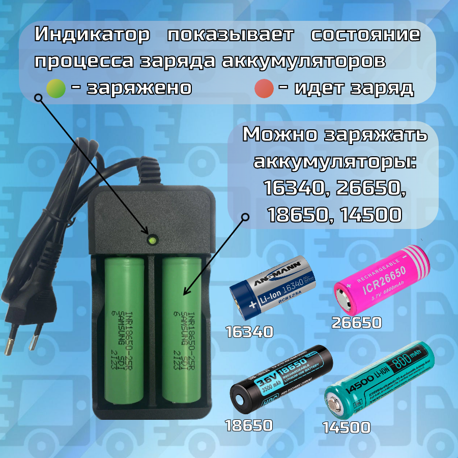 Зарядное устройство 18650 16340 26650 14500 2 слота с индикатором универсальное для Li-ion аккумуляторов — фото 1