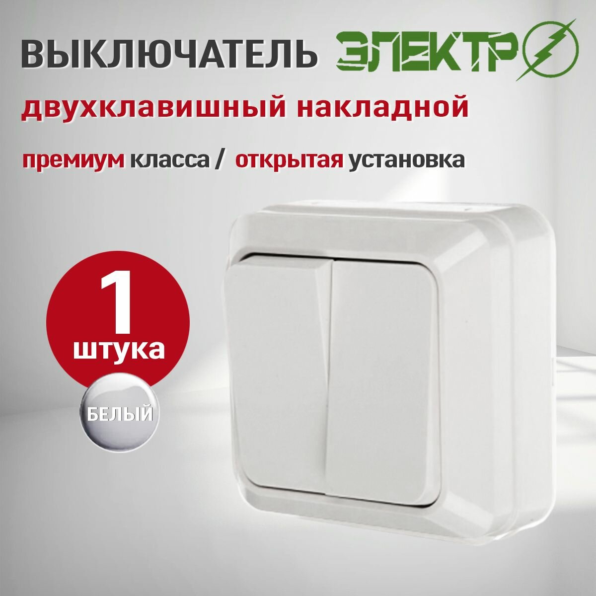 Выключатель накладной двухклавишный белый, выключатель Айгер Электро 10А, IP20, 1 шт.