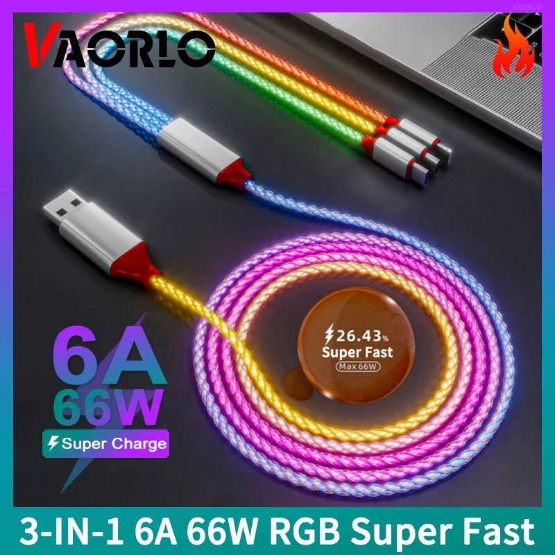 3-в-1 6A 66W RGB супер быстрый зарядный кабель Type-C Micro USB кабель зарядного устройства поток Прохладный красочный светящийся кабель для передачи данных для iPhone Android, 3 IN 1 RGB, 2m — фото 1