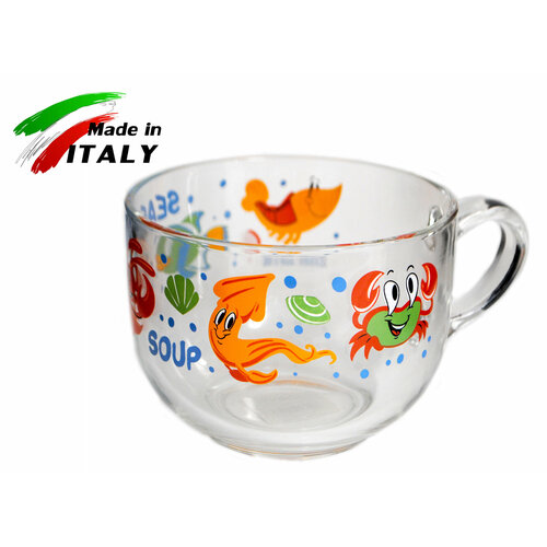 Кружка чашка бульонница 500 мл большая прозрачная стеклянная Borgonovo морские обитатели крабы рыбки 840₽