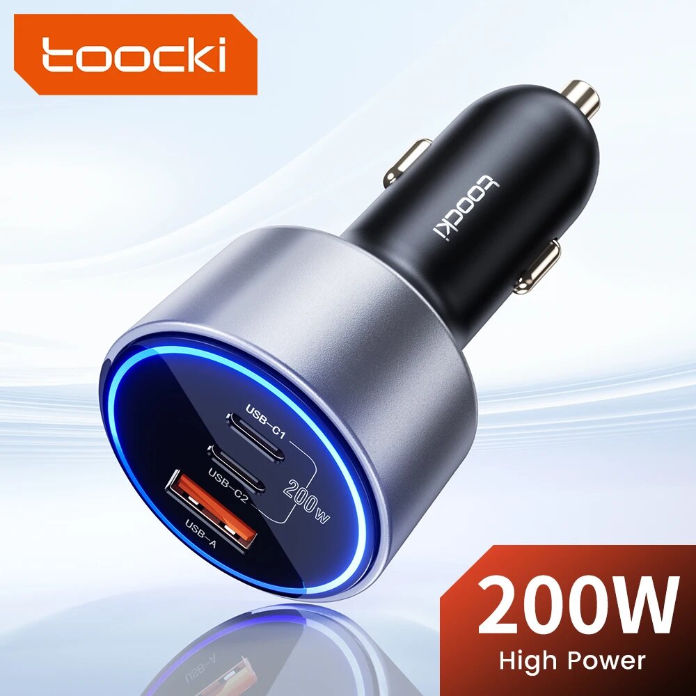 Автомобильное зарядное устройство Toocki, 200 Вт, USB, QC 3,0 4,0, быстрая зарядка, светодиодный индикатор, Тип C, автомобильное зарядное устройство для телефона для iPhone 15 14 Macbook Samsung S24, with 100W cable — фото 1