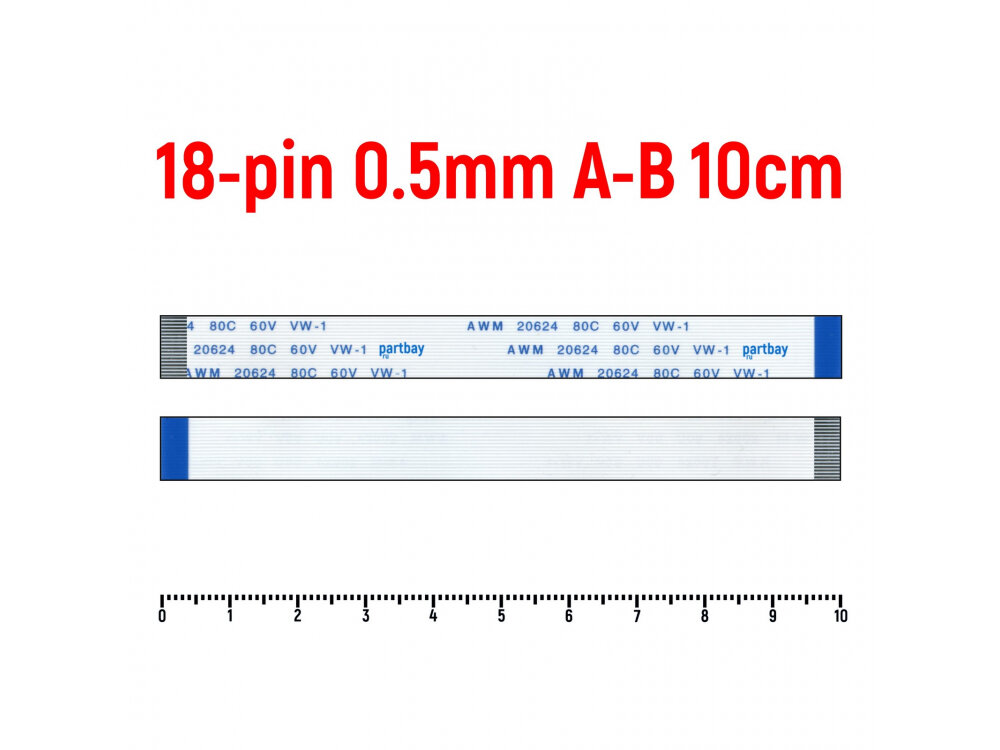 Шлейф FFC 18-pin Шаг 0.5mm Длина 10cm Обратный A-B AWM 20624 80C 60V VW-1