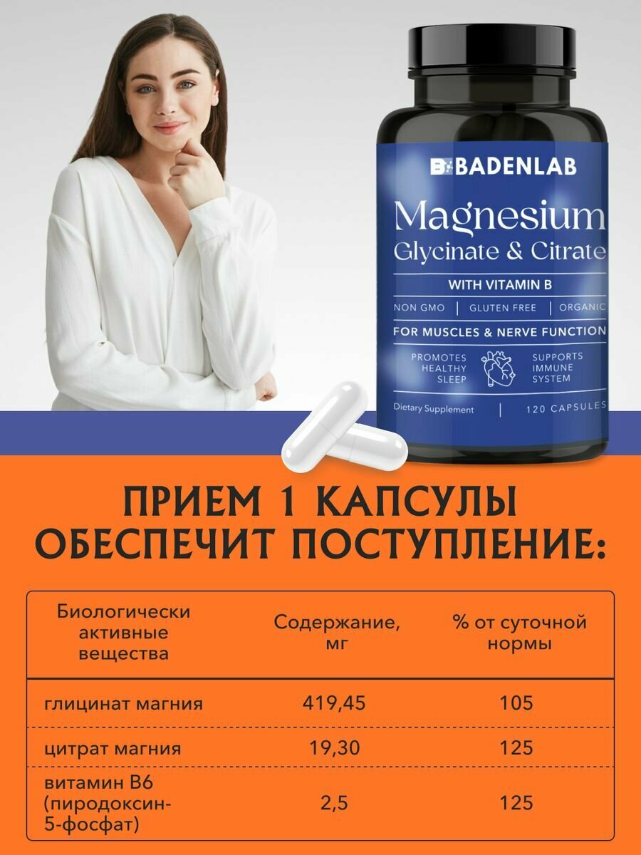 Магний B6 Хелат Глицинат, в капсулах, Badenlab, 120 шт — фото 1