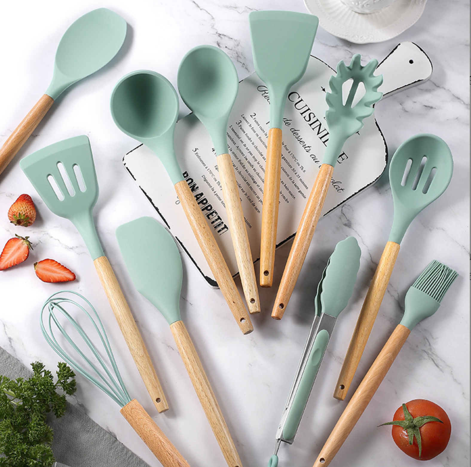 Кухонный набор Kitchen Set силикон и бамбук из 12 шт / бирюзовый цвет. — фото 1