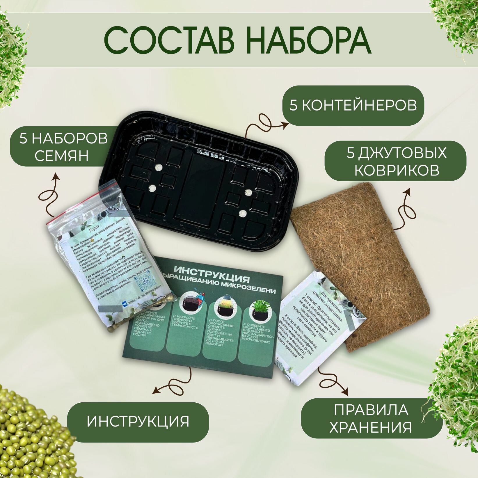 Набор для выращивания микрозелени, 5 урожаев: Горох, Подсолнечник, Редис, Рукола, Кресс салат — фото 1