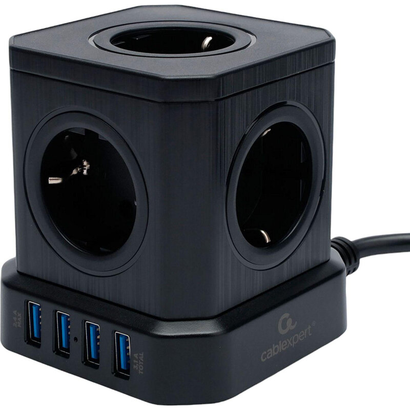 Сетевой фильтр Cablexpert Tower 5р/3м, 10А, USB, черный(TWR-5-U4-B-3)
