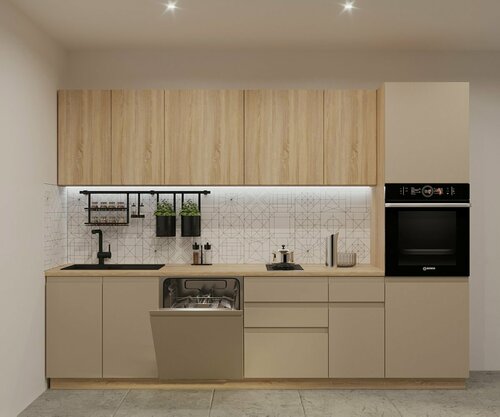 Изображение товара Кухонный гарнитур Лайн дуб Сонома/Пикрит, 3000 мм, фасады МДФ, с пеналом для техники