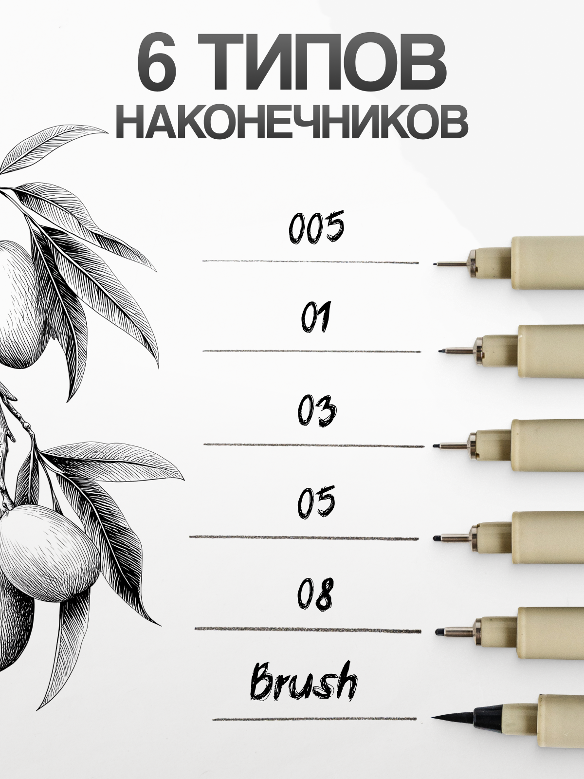 Draw Me Линеры пигментные для скетчинга рисования нейрографики черные капиллярные ручки для письма и черчения набор 6 шт — фото 1