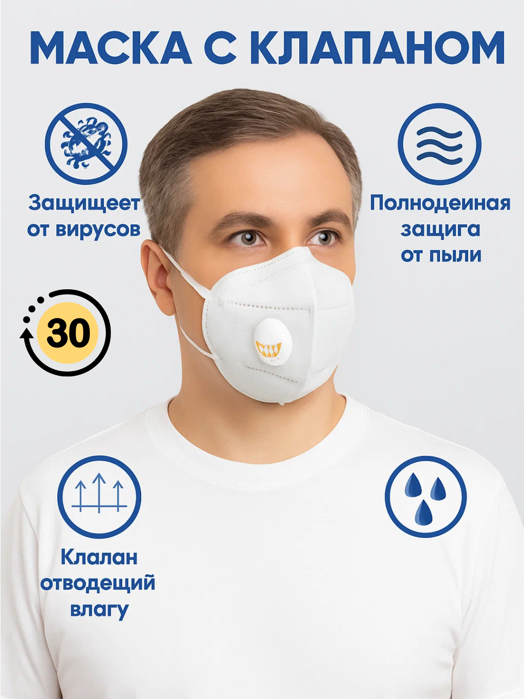 Niqob-respirator, koʻp martalik, klapanli, KN95, viruslardan himoya, 30 dona