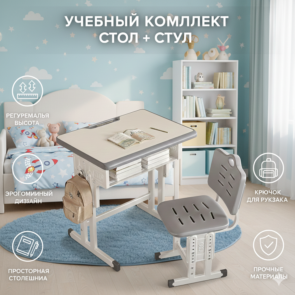 Эргономичный комплект детская парта и стул, дуб вотан и белый цвет, для дома и учебы