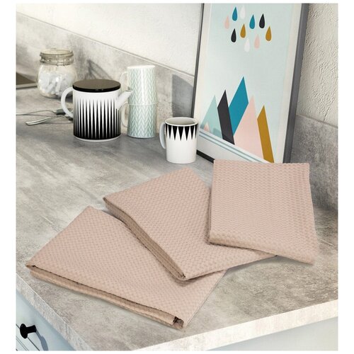 Комплект вафельных полотенец (3 шт) бежевый Elin (бежевый), Комплект полотенец (3 шт)