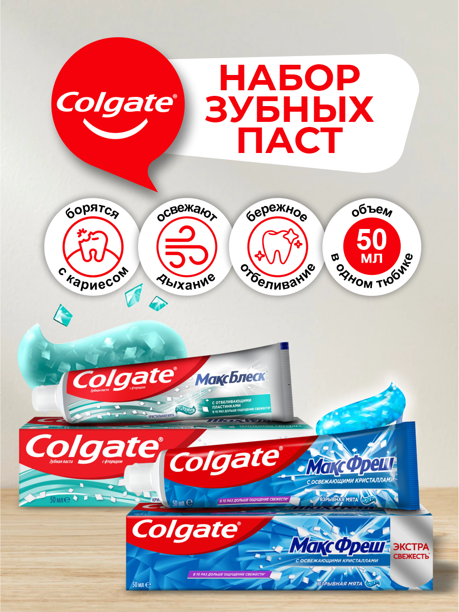 Набор Зубных паст Colgate макс фреш Взрывная мята 50 мл. + Макс блеск Кристальная мята 50 мл.