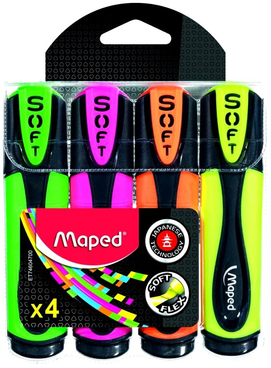 Текстмаркеры MAPED В наборе из 4 штук, "Fluo Pep's Ultra soft", ассорти, скошенные, 1-5 мм, 746047