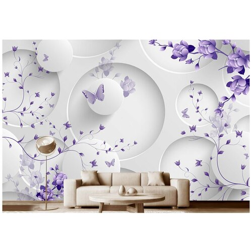 Фотообои на стену флизелиновые 3D Модный Дом Полет сиреневых бабочек 400x260 см (ШxВ),