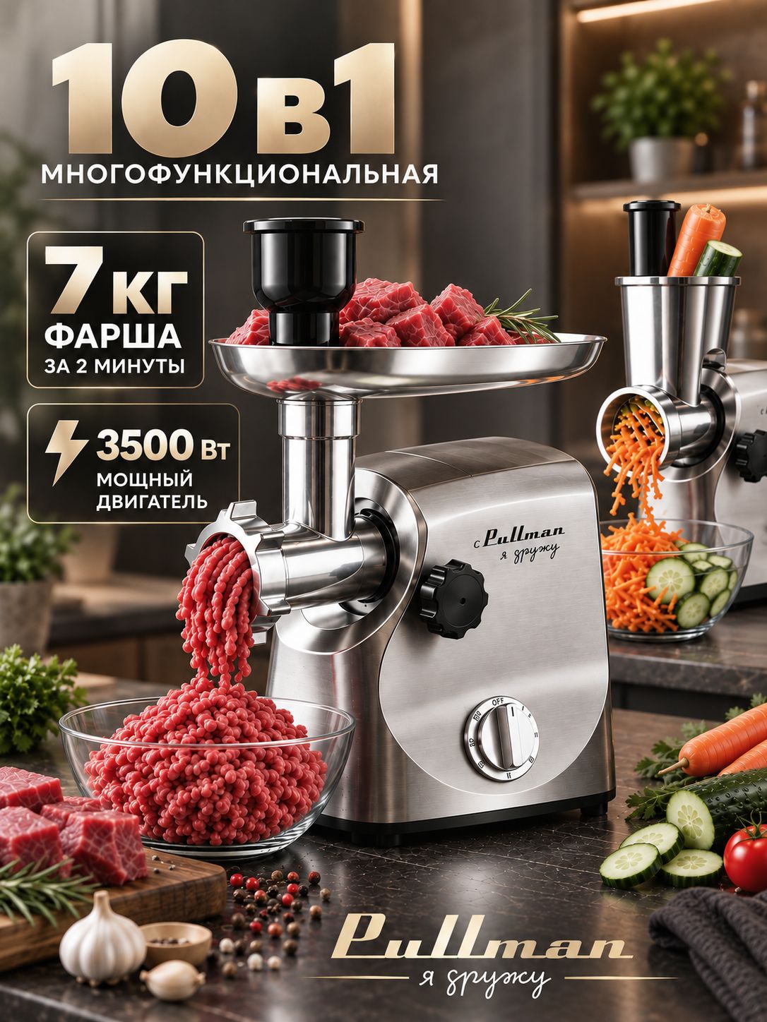 Мясорубка электрическая мощная Pullman PL-PRO3500, с насадками для колбас, овощерезка
