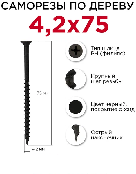 Саморез черный 42х75 мм (100 шт.) для гипса дерева ШСГД