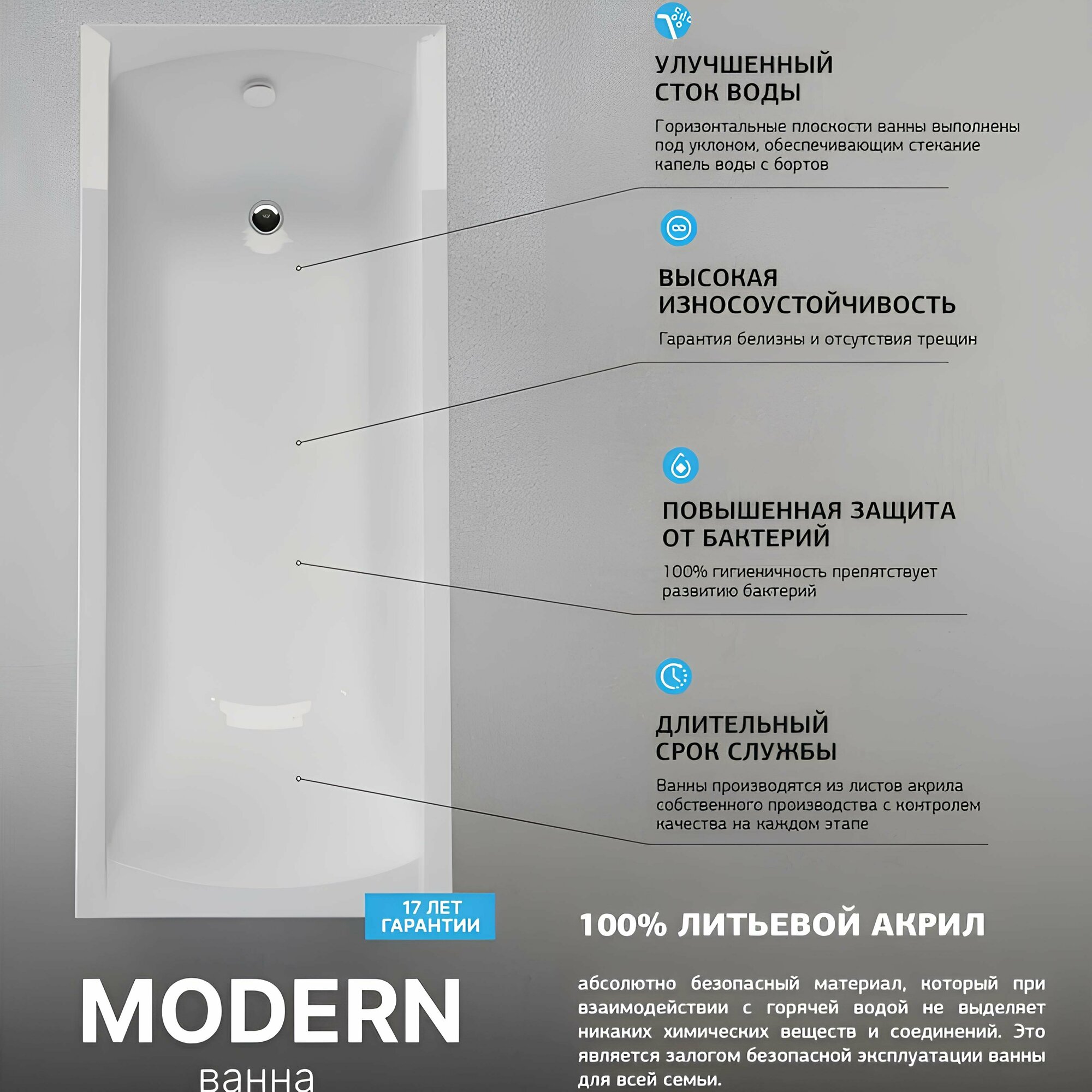 Ванна акриловая 180х70 см Прямоугольная MODERN 01мод1870