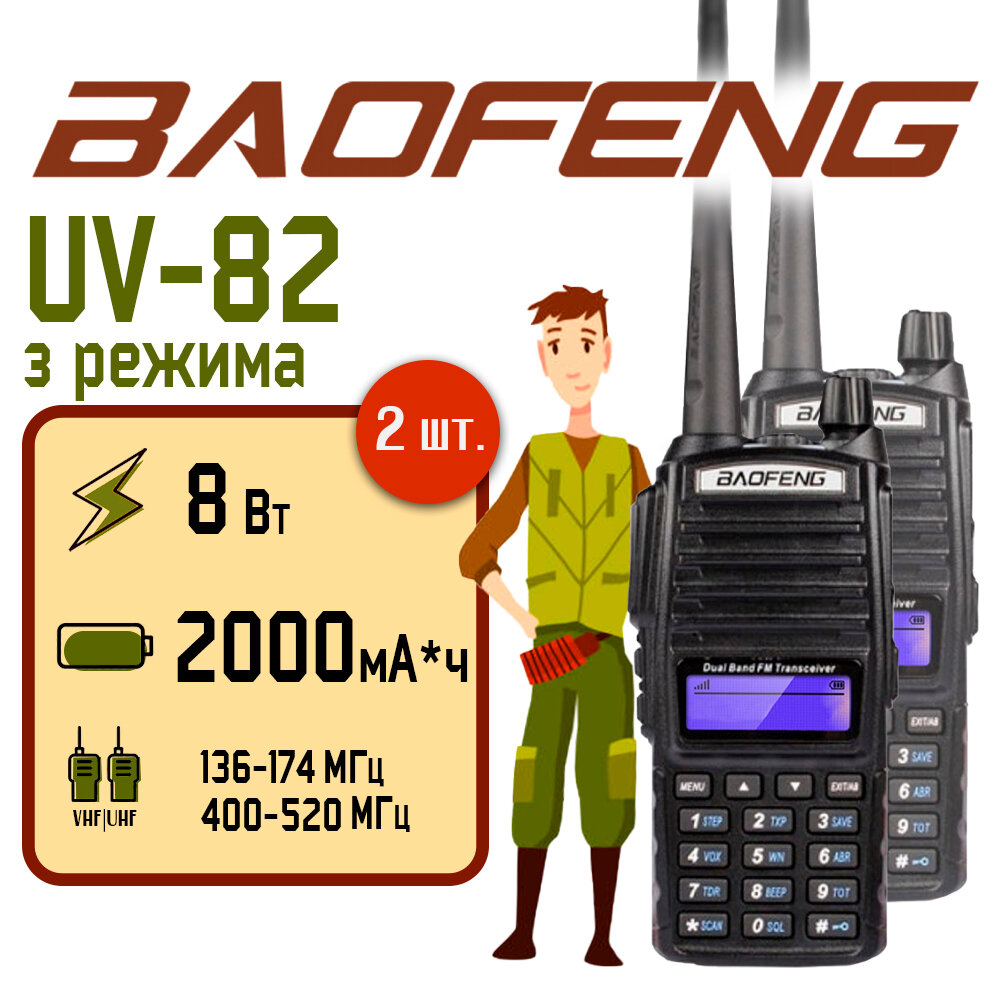 Рация Baofeng UV-82 (8W) Черная 3 режима Комплект 2 шт. / Портативная радиостанция Баофенг для охоты и рыбалки с аккумулятором на 2000 мА*ч