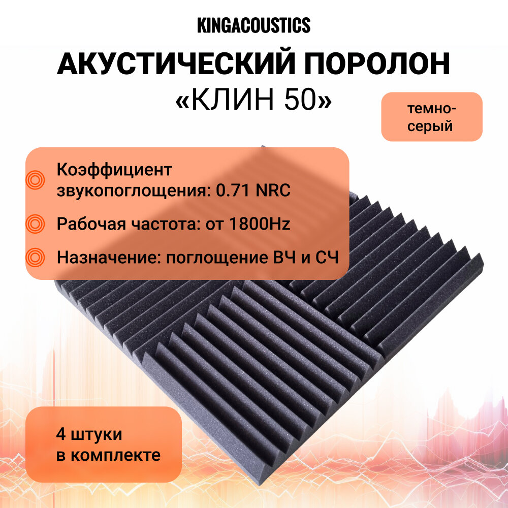 Акустический поролон Kлин 50 темно-серый/комплект из 4 штук
