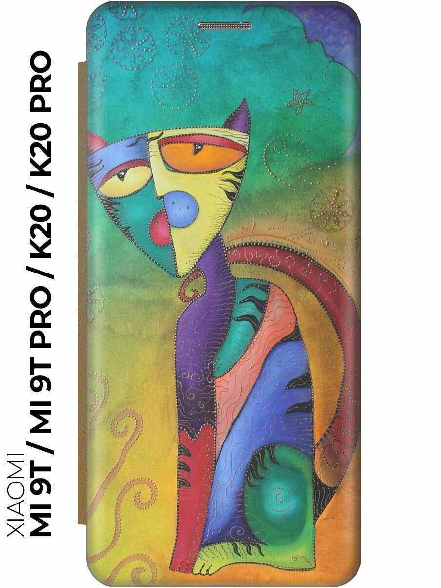 Чехол-книжка Разноцветный котик на Xiaomi Mi 9T / Mi 9T Pro / K20 / K20 Pro / Сяоми Ми 9Т / Ми 9Т Про золотой